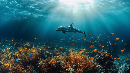Fototapeta premium wide-angle lens, A school of fish swimming in the deep blue ocean, with colorful tropical fish and a dolphin at different depths. generative ai