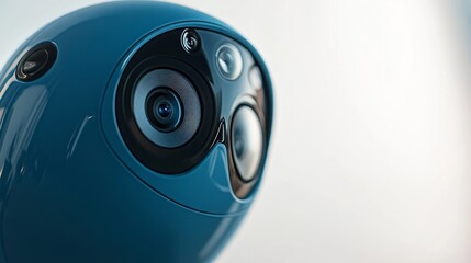 A close-up of a blue robotic eye with a large lens.