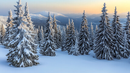 A serene winter landscape featuring a forest of snow-laden evergreen trees illuminated by the soft hues of sunrise.
