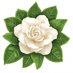 A beautiful white gardenia blossom surrounded by lush green leaves, showcasing the elegance and simplicity of nature.