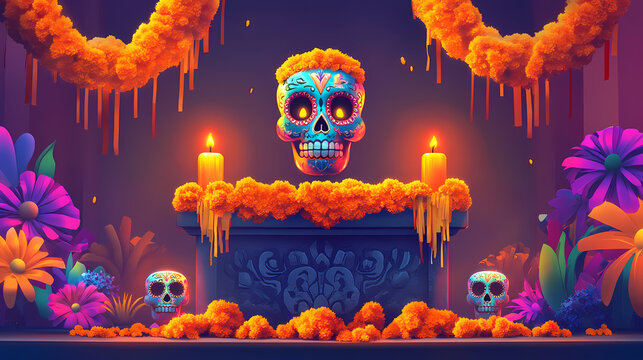 A podium adorned with traditional day of the dead decorations, including marigold garlands, glowing candles, and colorful sugar skulls, set against a vibrant backdrop. Glowing. Illustration