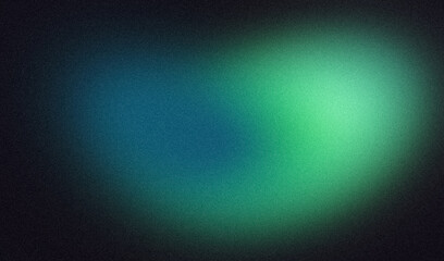 Vibrant blue green color dark grainy gradient backdrop design. Abstract glowing color flow black, wave shaped gradient, noise texture backdrop.