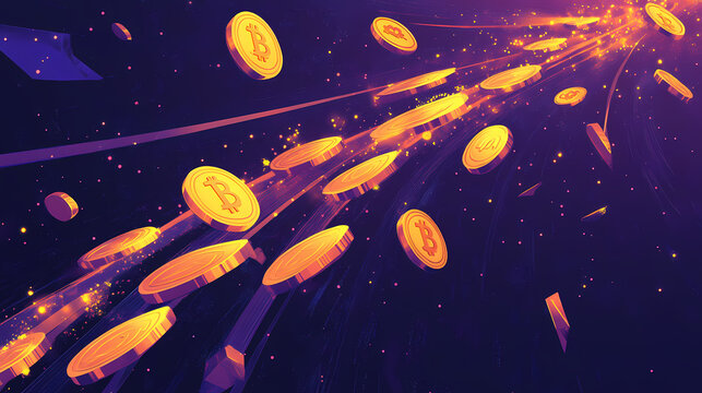 A wave of glowing arrows and coins crossing paths, symbolizing financial success at a blockchain summit. Glowing. Illustration