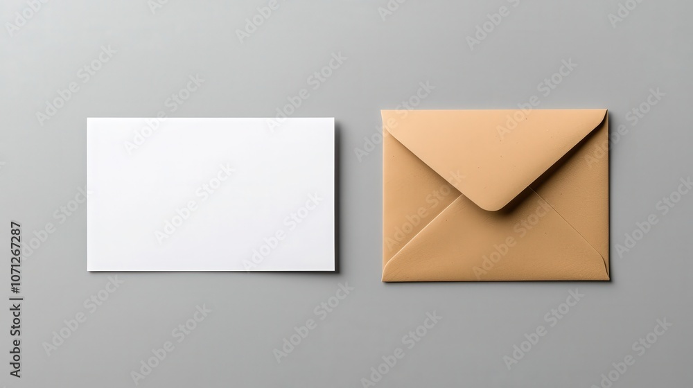 Poster a blank white postcard next to an open envelope on a gray background, showcasing the design of both 