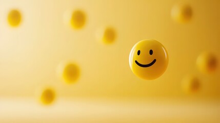 Fototapeta premium A background of yellow smiley faces with different expressions and emotions floating in the air on an isolated yellow background.
