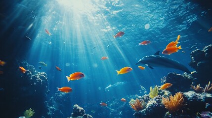 Naklejka premium wide-angle lens, A school of fish swimming in the deep blue ocean, with colorful tropical fish and a dolphin at different depths. generative ai