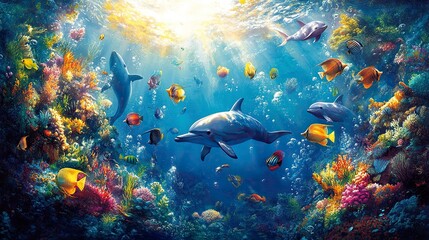 Naklejka premium wide-angle lens, A school of fish swimming in the deep blue ocean, with colorful tropical fish and a dolphin at different depths. generative ai