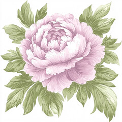 A beautiful pink peony flower surrounded by green leaves, showcasing delicate petals and intricate detailing.