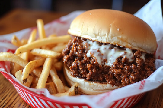 Close-up of sloppy joes with french fries on wooden table