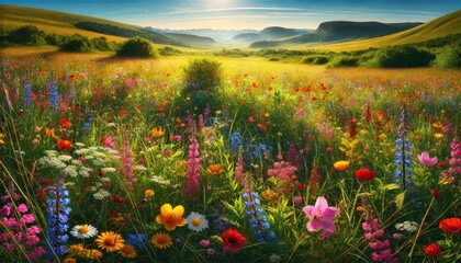 Obraz premium Vibrant Wildflower Meadow with Rolling Hills and Blue Sky - Summer Landscape Photography