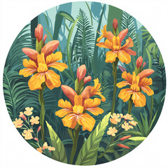 A vibrant illustration of orange flowers surrounded by lush green foliage in a circular design, evoking a tropical garden atmosphere.