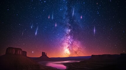 Obraz premium Meteor Shower Over Desert Landscape at Night