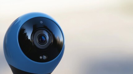 A close-up shot of a blue security camera with a black lens, facing the viewer.