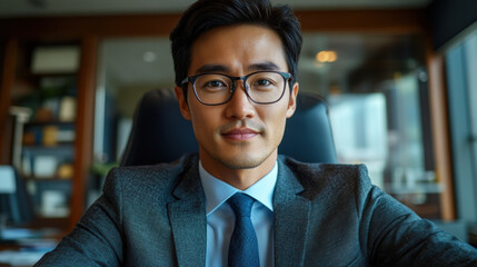 Fototapeta premium Professional Asian businessman in suit with glasses, confidently seated in office environment, exuding determination and focus