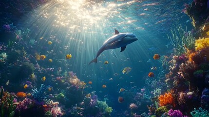 Fototapeta premium wide-angle lens, A school of fish swimming in the deep blue ocean, with colorful tropical fish and a dolphin at different depths. generative ai