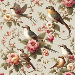 Elegant floral pattern with charming nightingales scattered throughout