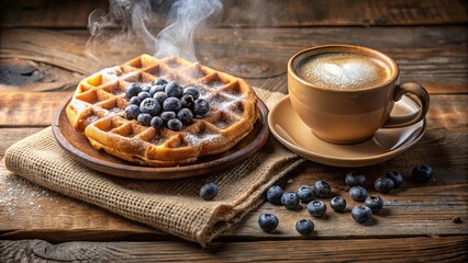 Fototapeta premium Aromatic Steam Rising From a Freshly Baked Waffle Topped with Sweet Blueberries and a Cup of Rich Coffee
