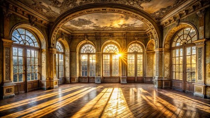 Obraz premium Sunlight streams through arched windows in a grand, abandoned room with weathered walls and a worn wooden floor.