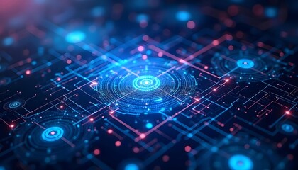 Virtual holography, futuristic digital interface, glowing blue and pink geometric shapes and lines