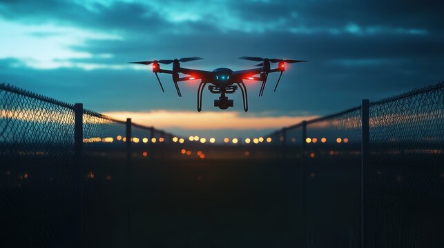 Drone Flying Over Chain Link Fence at Dusk with City Lights in the Background.