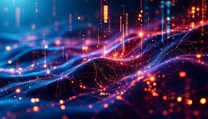 Obraz premium The curved lines of glowing neon lights. Luminous particles, holographic images