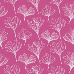 Freehand drawing Leaves of Ginkgo Biloba tree. Modern magenta pink seamless pattern for packaging design, wallpaper, textile. decorative floral ornamental background