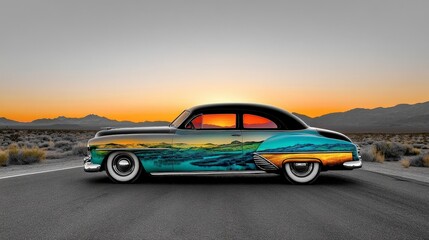 Classic Vintage Car on Desert Road at Sunset
