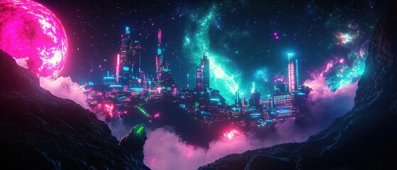 Futuristic Cityscape with Pink Moon and Galaxy in Night Sky - Cyberpunk Art Illustration.