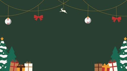 Christmas animation with christmas ball, ribbon, gift, christmas tree frame on green background. The blank space in the center of the frame - Powered by Adobe