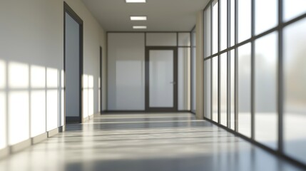 Fototapeta premium Blurred office interior background with a blurred door and glass wall, blurry bokeh light effect for a business concept design. High-quality photo, taken with a telephoto lens in realistic daylight.