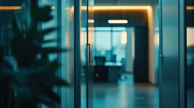 Fototapeta Blurred office interior background with a blurred door and glass wall, blurry bokeh light effect for a business concept design. High-quality photo, taken with a telephoto lens in realistic daylight.