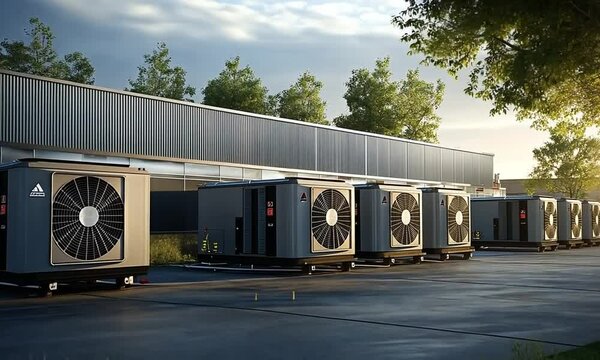 Row of industrial air conditioning units outside of a building with green foliage in the foreground.