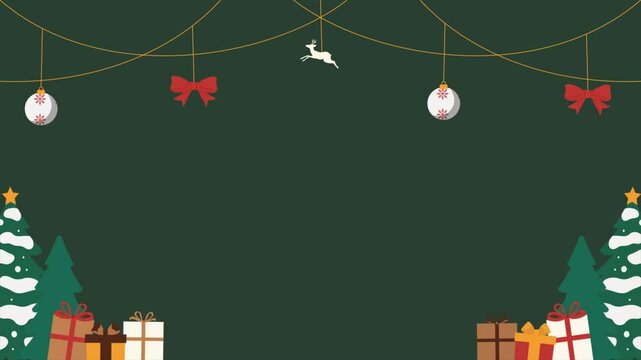 Christmas animation with christmas ball, ribbon, gift, christmas tree frame on green background. The blank space in the center of the frame