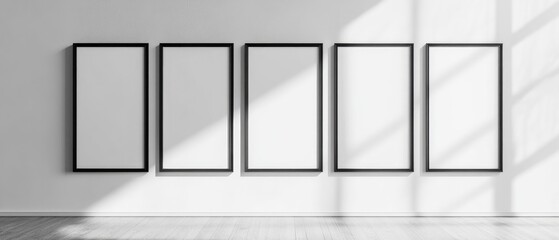 Five empty frames on a wall, inviting artwork or photographs to be displayed.