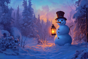 Fototapeta premium Cheerful Snowman Holding a Lantern in a Snow-Covered Forest at Twilight