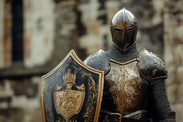 Medieval Knight in Full Armor with Shield and Helmet - Historical Reenactment