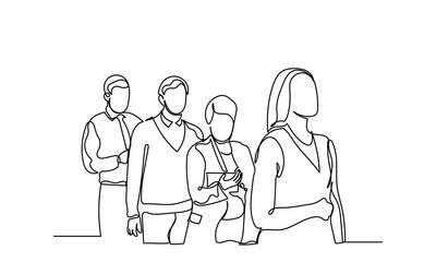continuous line drawing of a group of men and women in a queue line.  one-line Queue of many people waiting. Diverse people stand isolated on a white background.