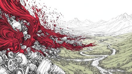 Serene Valley with Winding River and Majestic Mountains