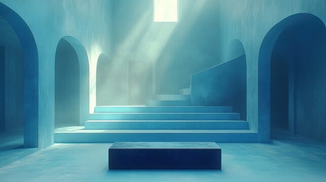 Minimalist blue interior with arched doorways, sunlight streaming through a window, and a rectangular platform in the center.