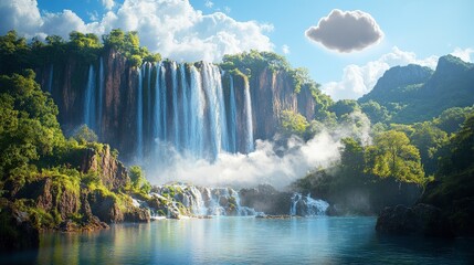 Fototapeta premium Majestic Waterfall Cascading Over Rocky Cliffs