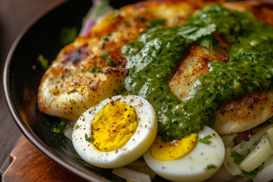 Flavorful food with green sauce boiled egg and sliced ​​onions served on plate