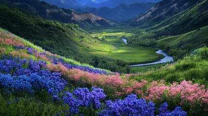 Lush Green Valley with Winding River and Majestic Mountains