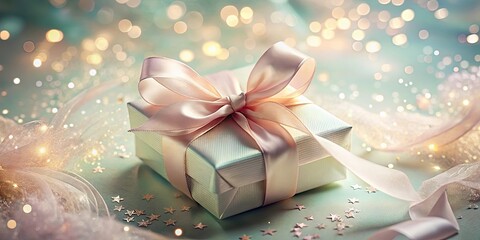 A Delicate Gift Box Adorned with a Gentle Bow, Embellished with Shimmering Stars and Softly Glowing Lights
