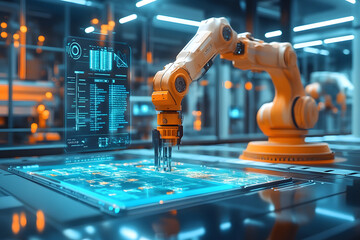 Advanced robotic arm operating in a smart factory with futuristic digital interface, showcasing automation, precision engineering, and Industry 4.0 technology in manufacturing