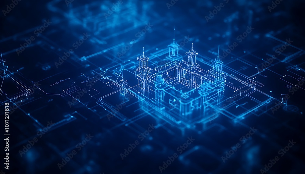 Poster a futuristic digital landscape illuminated in blue, depicting interconnected structures and data poi