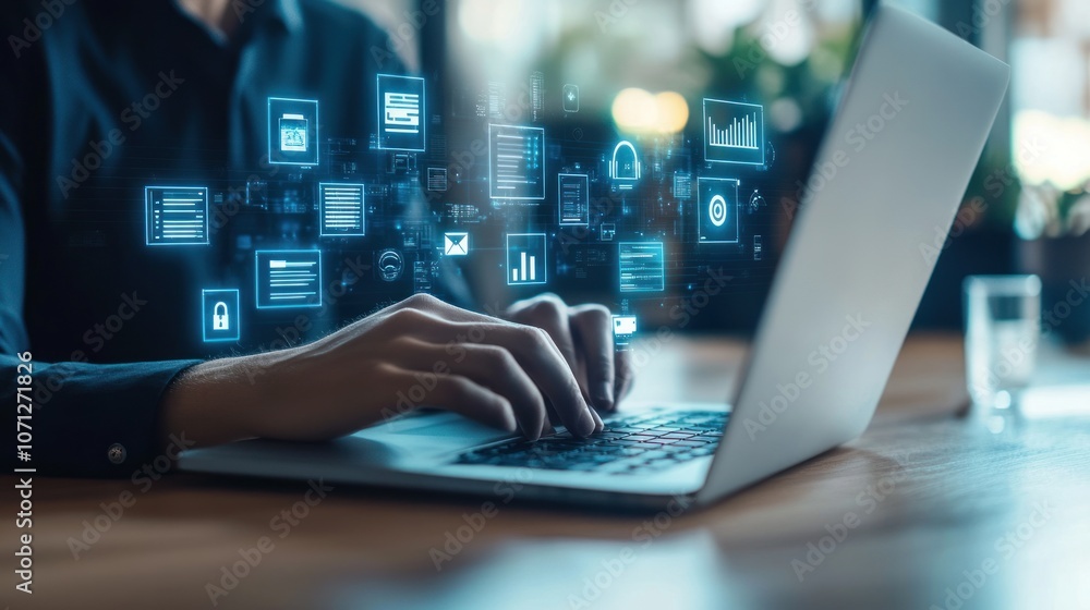Poster a person typing on a laptop with digital icons representing data and technology.