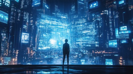 Fototapeta premium Person in Futuristic City with Glowing Screens and Digital Displays