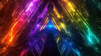 A glowing, iridescent, geometric tunnel, with a bright light at the end, leading into a mysterious future.