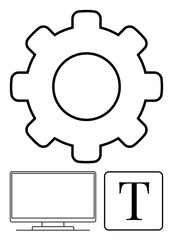Large gear symbol overlays with a computer monitor and a text block. Ideal for technology, digital tools, software development, digital marketing, IT services, web design, automation. Line metaphor