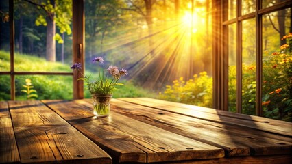 Obraz premium A wooden table placed near a window with a view of a sunlit forest, adorned with a vase of wildflowers, creating a tranquil and inviting scene.